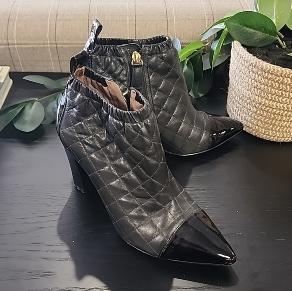 REISS Quilted Black Leather Ankle Boots 37 6.5 Booties Patent Captoe LUXURY - Picture 4 of 17